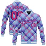 Custom Name and Number Bomber Jacket for Teams - Light Blue Neon Pink Thunder Blue-Cream Check Board 3D Pattern Design Full-Snap Varsity