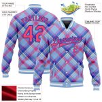 Custom Name and Number Bomber Jacket for Teams - Light Blue Neon Pink Thunder Blue-Cream Check Board 3D Pattern Design Full-Snap Varsity