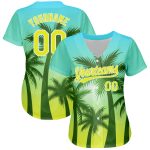 Custom Name Number Hawaii Palm Trees Baseball Jersey Light Blue Neon Yellow-White 3D Pattern Design Personalized Light Blue