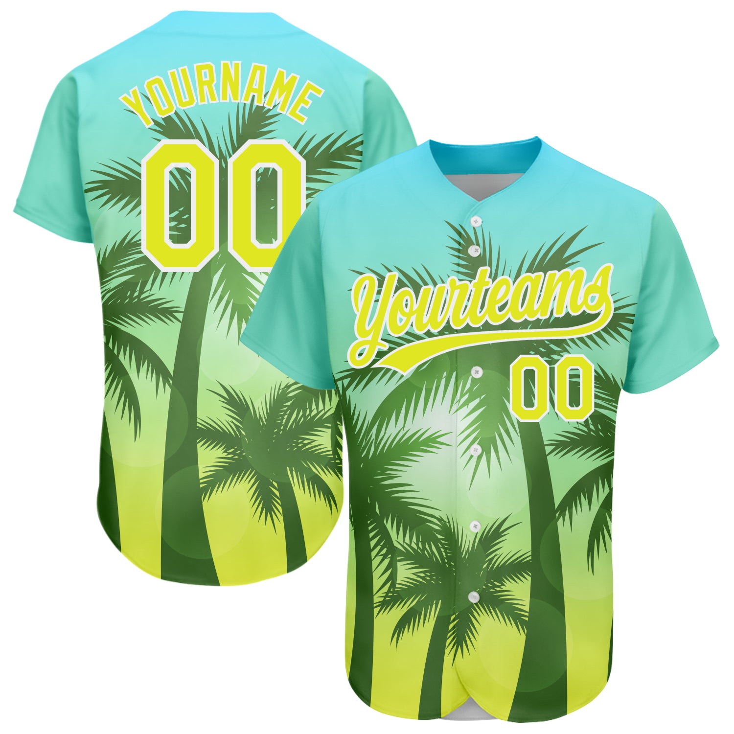 Custom Name Number Hawaii Palm Trees Baseball Jersey Light Blue Neon Yellow-White 3D Pattern Design Personalized Light Blue
