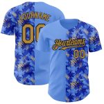 Personalized Light Blue Tropical Hawaii Palm Leaves 3D Baseball Jersey - Authentic Old Gold and Black Design Personalized