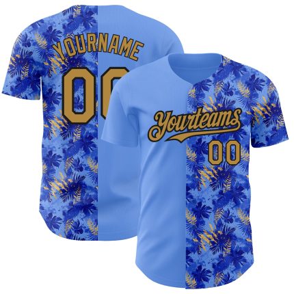Personalized Light Blue Tropical Hawaii Palm Leaves 3D Baseball Jersey - Authentic Old Gold and Black Design Personalized