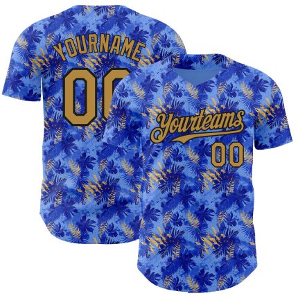 Personalized Tropical Hawaii Palm Leaves Baseball Jersey Custom Name/Number, Light Blue and Old Gold-Black 3D Pattern Design
