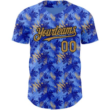 Personalized Tropical Hawaii Palm Leaves Baseball Jersey Custom Name/Number, Light Blue and Old Gold-Black 3D Pattern Design