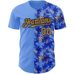 Personalized Light Blue Tropical Hawaii Palm Leaves 3D Baseball Jersey - Authentic Old Gold and Black Design Personalized