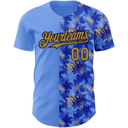 Personalized Light Blue Tropical Hawaii Palm Leaves 3D Baseball Jersey - Authentic Old Gold and Black Design Personalized