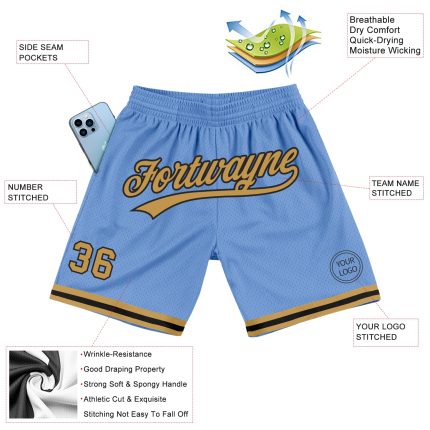 Custom Team Name Number Light Blue Gold Black Throwback Basketball Shorts - Personalized Authentic Design Personalized Light