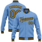 Custom Team Name & Number Light Blue Old Gold-Black Bomber Varsity Letterman Jacket Personalized Light Blue Old Gold-Black