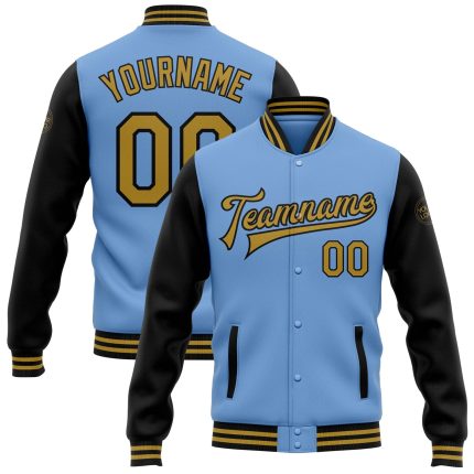 Personalized Two Tone Bomber Jacket with Custom Name and Number - Light Blue Old Gold-Black Varsity Letterman Full-Snap Personalized