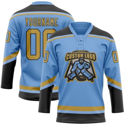 Custom Light Blue Hockey Lace Neck Jersey with Old Gold-Black Details, Personalized Name & Number Personalized Light Blue