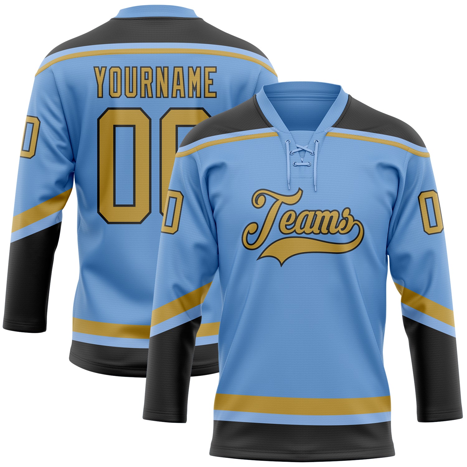Custom Light Blue Hockey Lace Neck Jersey with Old Gold-Black Details, Personalized Name & Number Personalized Light Blue