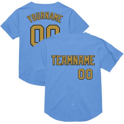 Personalized Custom Name and Number Light Blue Baseball Jersey - Authentic Old Gold-Black Mesh Throwback Personalized Light
