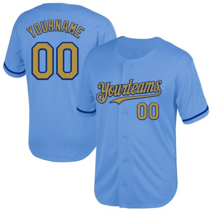 Custom Name and Number Authentic Baseball Jersey in Light Blue Old Gold-Royal Mesh - Personalized Team Apparel Personalized