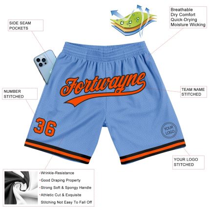 Personalized Light Blue Basketball Shorts - Orange Black Authentic Throwback Style Personalized Light Blue Orange-Black Authentic