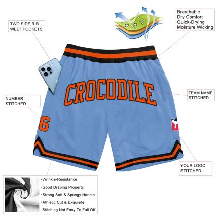 Custom Authentic Basketball Shorts - Light Blue Orange-Black with Team Name and Number Personalized Light Blue Orange-Black