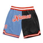 Custom Authentic Basketball Shorts - Light Blue Orange-Black Split Design with Team Name and Number Personalized Light Blue