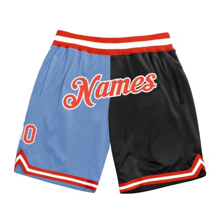 Custom Authentic Basketball Shorts - Light Blue Orange-Black Split Design with Team Name and Number Personalized Light Blue