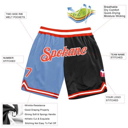 Custom Authentic Basketball Shorts - Light Blue Orange-Black Split Design with Team Name and Number Personalized Light Blue