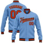 Custom Name and Number Varsity Bomber Jacket Light Blue Orange-Black Full-Snap Team Apparel Personalized Light Blue Orange-Black