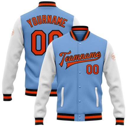 Customizable Varsity Letterman Jacket with Name & Number - Light Blue & Orange-Black Two Tone Full-Snap Bomber Personalized