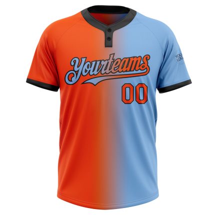 Custom Name Number Unisex Softball Jersey - Light Blue Orange-Black Gradient Fashion Two-Button Design Personalized Light
