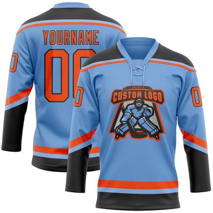 Custom Name and Number Hockey Jersey - Personalized Light Blue and Orange-Black Lace Neck Team Apparel Personalized Light