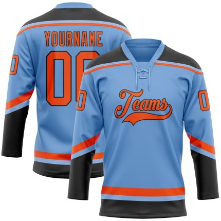 Custom Name and Number Hockey Jersey - Personalized Light Blue and Orange-Black Lace Neck Team Apparel Personalized Light