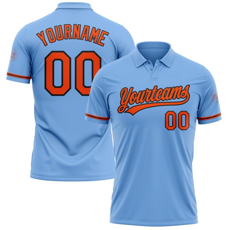 Custom Name Number Performance Golf Polo Shirt Light Blue Orange Black Personalized Light Blue Orange-Black Performance Vapor
