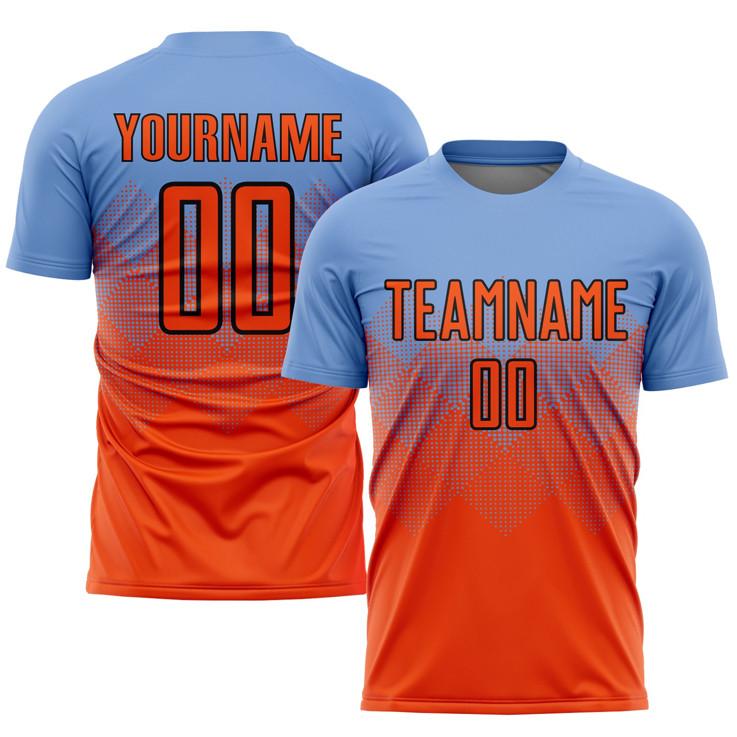 Custom Team Soccer Jersey with Personalized Name and Number - Light Blue Orange-Black Sublimation Design Personalized Light