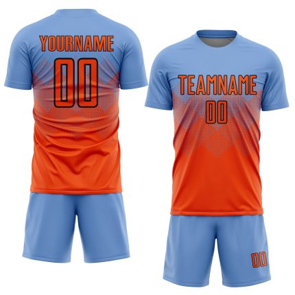 Custom Team Soccer Jersey with Personalized Name and Number - Light Blue Orange-Black Sublimation Design Personalized Light