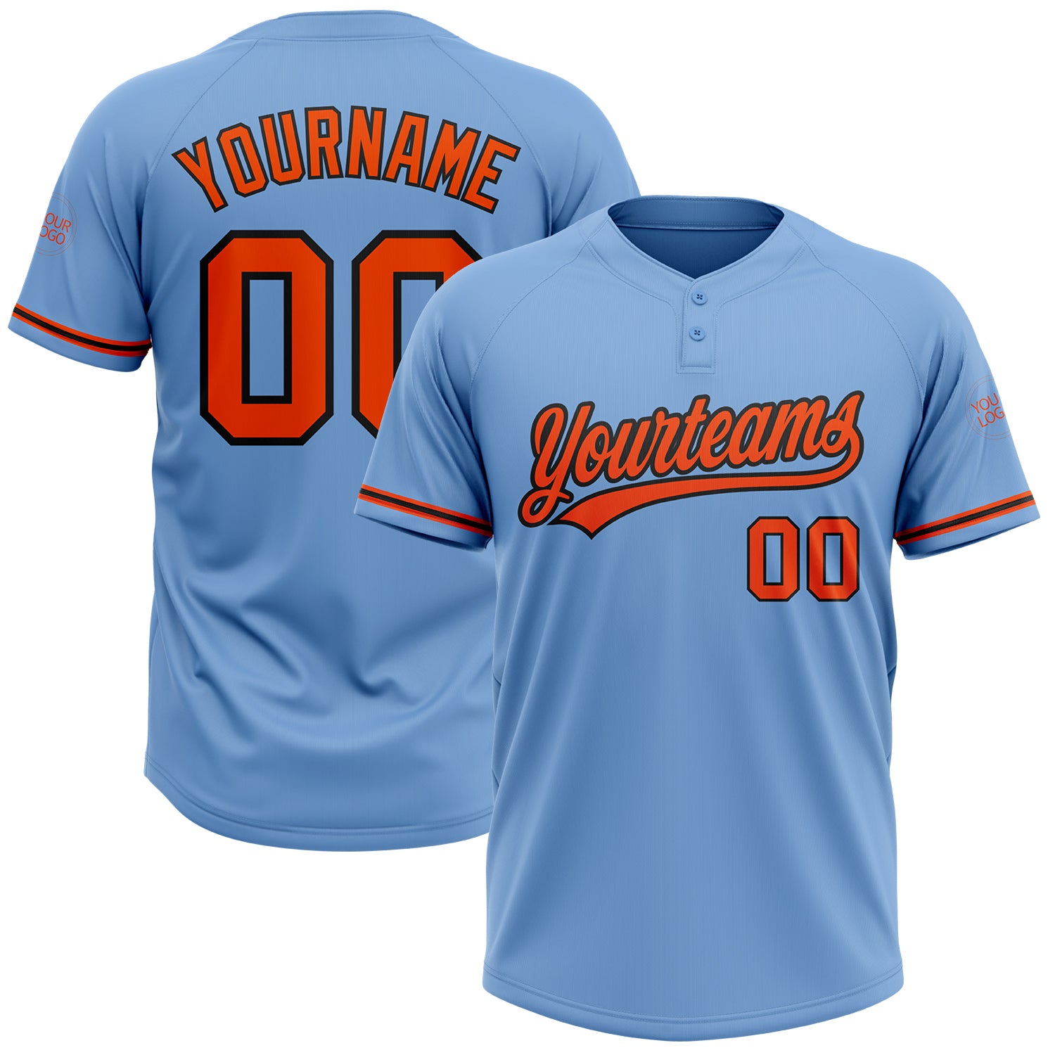Custom Name and Number Two-Button Unisex Softball Jersey - Personalized Light Blue and Orange-Black Design Personalized Light