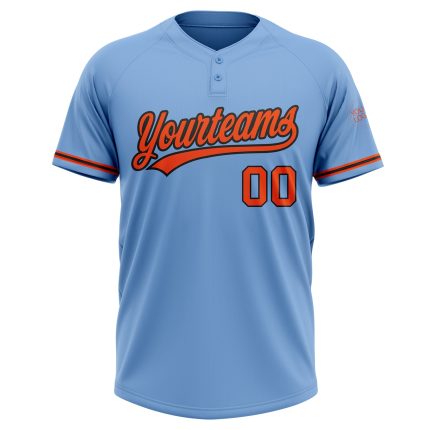 Custom Name and Number Two-Button Unisex Softball Jersey - Personalized Light Blue and Orange-Black Design Personalized Light