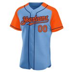 Custom Name and Number Baseball Jersey in Light Blue Orange-Navy Authentic Raglan Sleeves Personalized Light Blue Orange-Navy