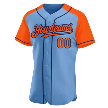 Custom Name and Number Baseball Jersey in Light Blue Orange-Navy Authentic Raglan Sleeves Personalized Light Blue Orange-Navy