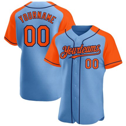 Custom Name and Number Baseball Jersey in Light Blue Orange-Navy Authentic Raglan Sleeves Personalized Light Blue Orange-Navy