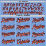 Custom Team Name Number Letterman Jacket Light Blue Orange-Navy Full-Snap Bomber Personalized Light Blue Orange-Navy Bomber