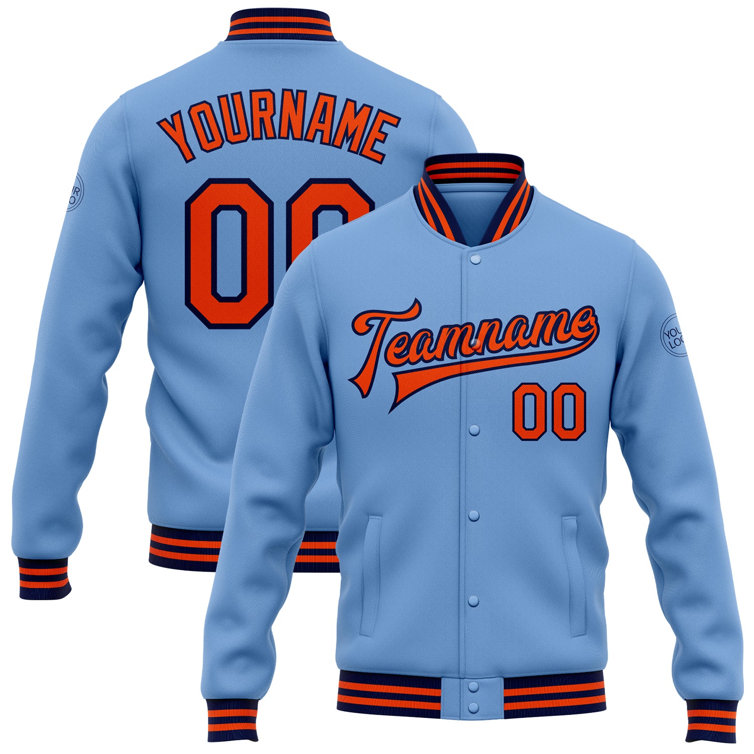 Custom Team Name Number Letterman Jacket Light Blue Orange-Navy Full-Snap Bomber Personalized Light Blue Orange-Navy Bomber