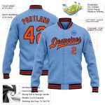 Custom Team Name Number Letterman Jacket Light Blue Orange-Navy Full-Snap Bomber Personalized Light Blue Orange-Navy Bomber