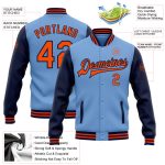 Custom Name Number Varsity Letterman Jacket Light Blue Orange Navy Two Tone Bomber Full-Snap Design Personalized Light Blue