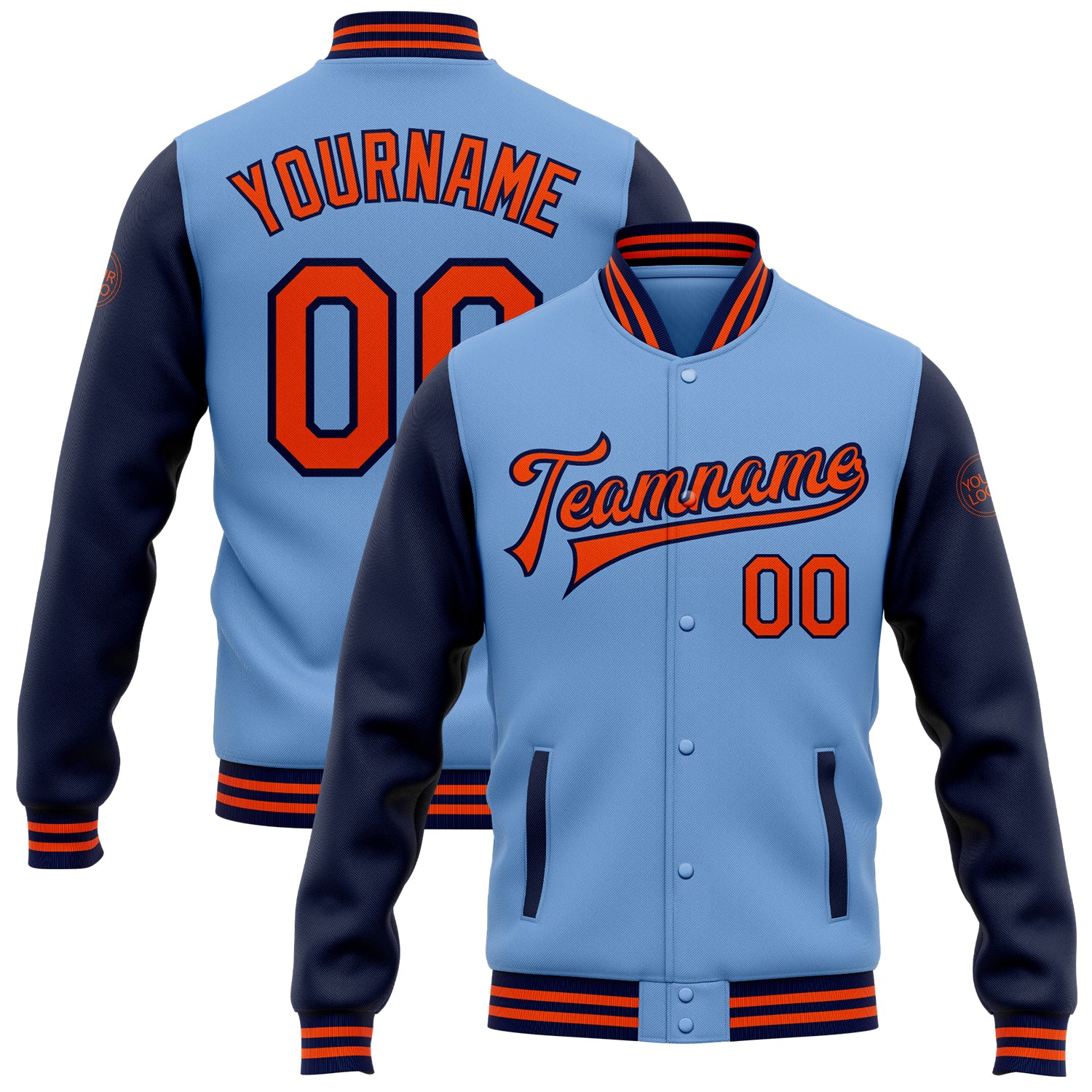 Custom Name Number Varsity Letterman Jacket Light Blue Orange Navy Two Tone Bomber Full-Snap Design Personalized Light Blue