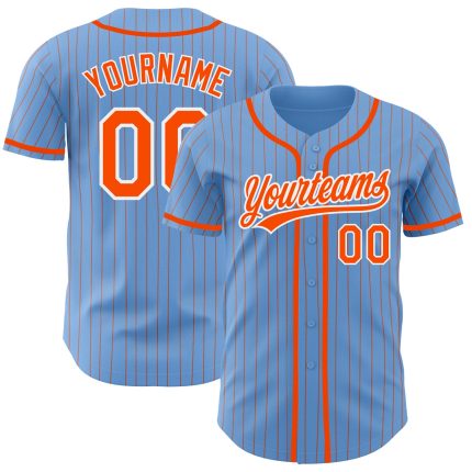 Custom Authentic Baseball Jersey with Personalized Name and Number - Light Blue and Orange Pinstripe Design Personalized