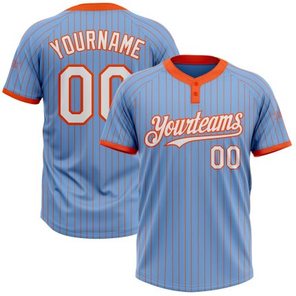 Custom Name and Number Light Blue Orange Pinstripe Two-Button Unisex Softball Jersey - Personalized Team Apparel Personalized
