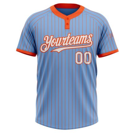 Custom Name and Number Light Blue Orange Pinstripe Two-Button Unisex Softball Jersey - Personalized Team Apparel Personalized