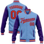 Custom Name Number Two Tone Bomber Jacket Light Blue Orange Purple Full-Snap Varsity Letterman Personalized Light Blue Orange-Purple