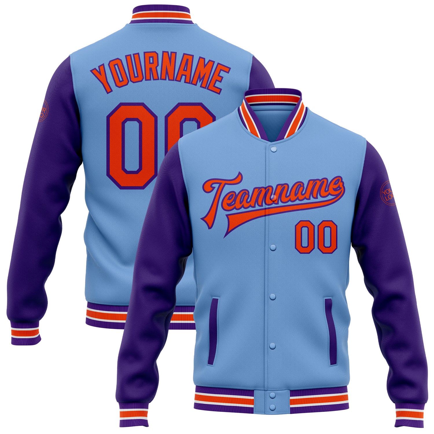 Custom Name Number Two Tone Bomber Jacket Light Blue Orange Purple Full-Snap Varsity Letterman Personalized Light Blue Orange-Purple