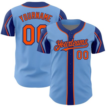 Custom Name and Number Authentic Baseball Jersey in Light Blue, Orange, Royal - Personalized 3 Color Arm Shapes Personalized