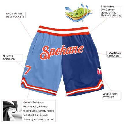 Custom Team Name Number Basketball Shorts - Light Blue Orange-Royal Authentic Throwback Split Fashion Personalized Light