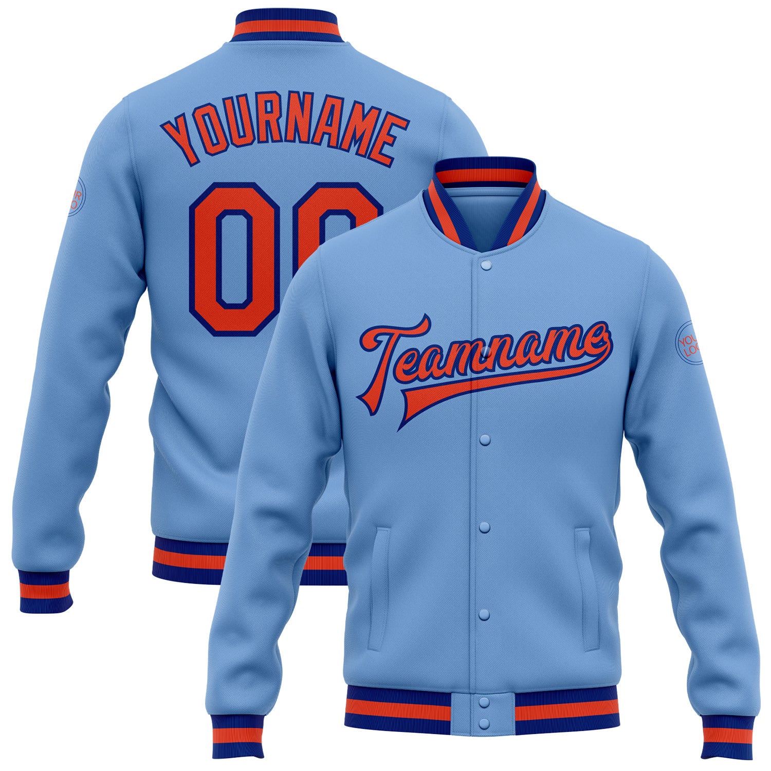 Custom Name and Number Varsity Letterman Jacket - Light Blue Orange-Royal Bomber Style Full-Snap Jacket for Team Personalized