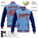 Custom Team Bomber Jacket in Light Blue and Orange-Royal Two Tone with Name and Number, Full-Snap Varsity Style Personalized