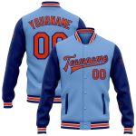Custom Team Bomber Jacket in Light Blue and Orange-Royal Two Tone with Name and Number, Full-Snap Varsity Style Personalized